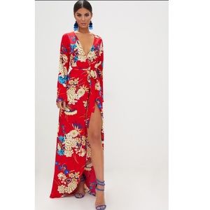 Red floral print kimono dress
